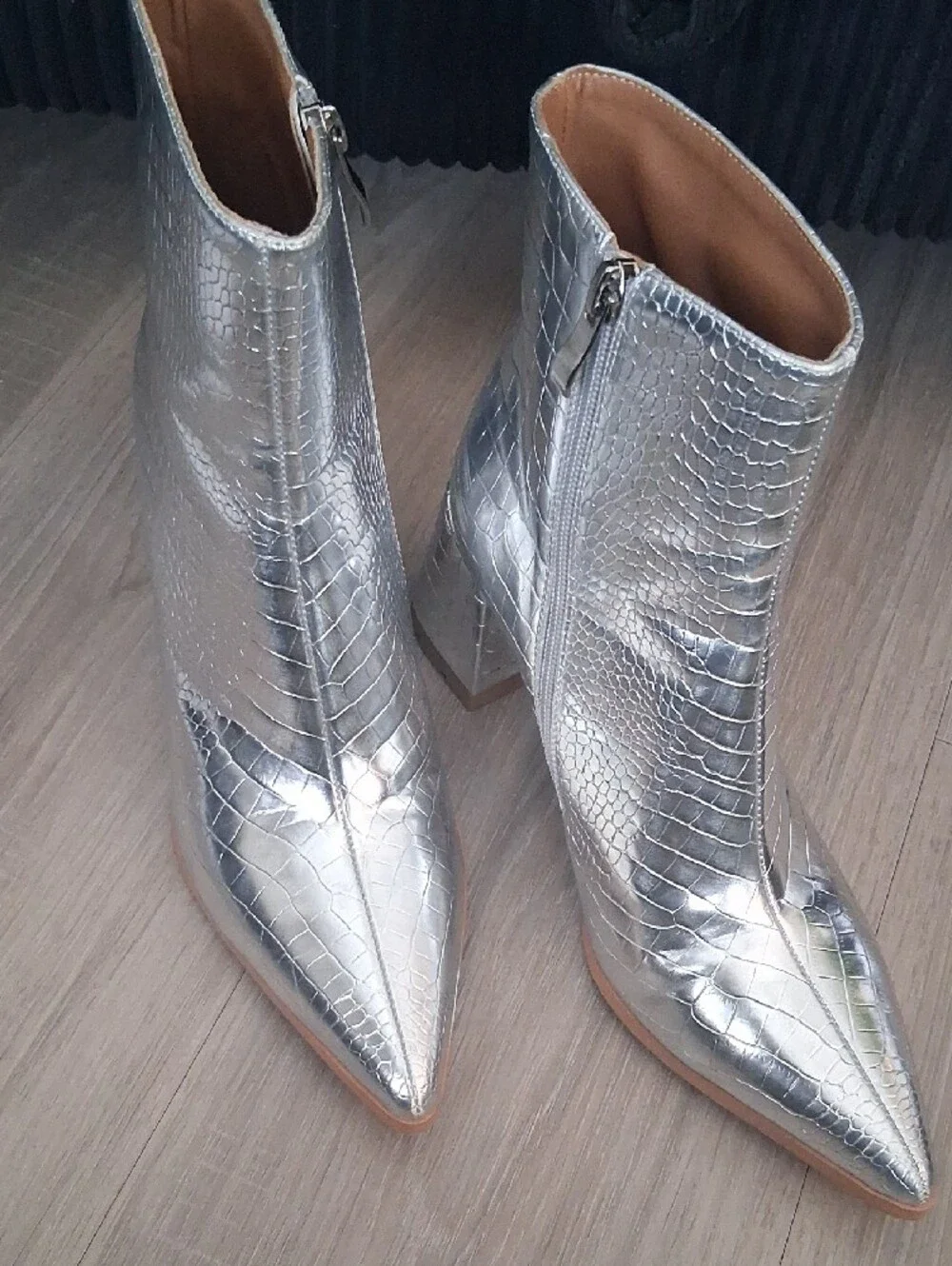 Croc-Embossed Silver Pointed Ankle Boots
